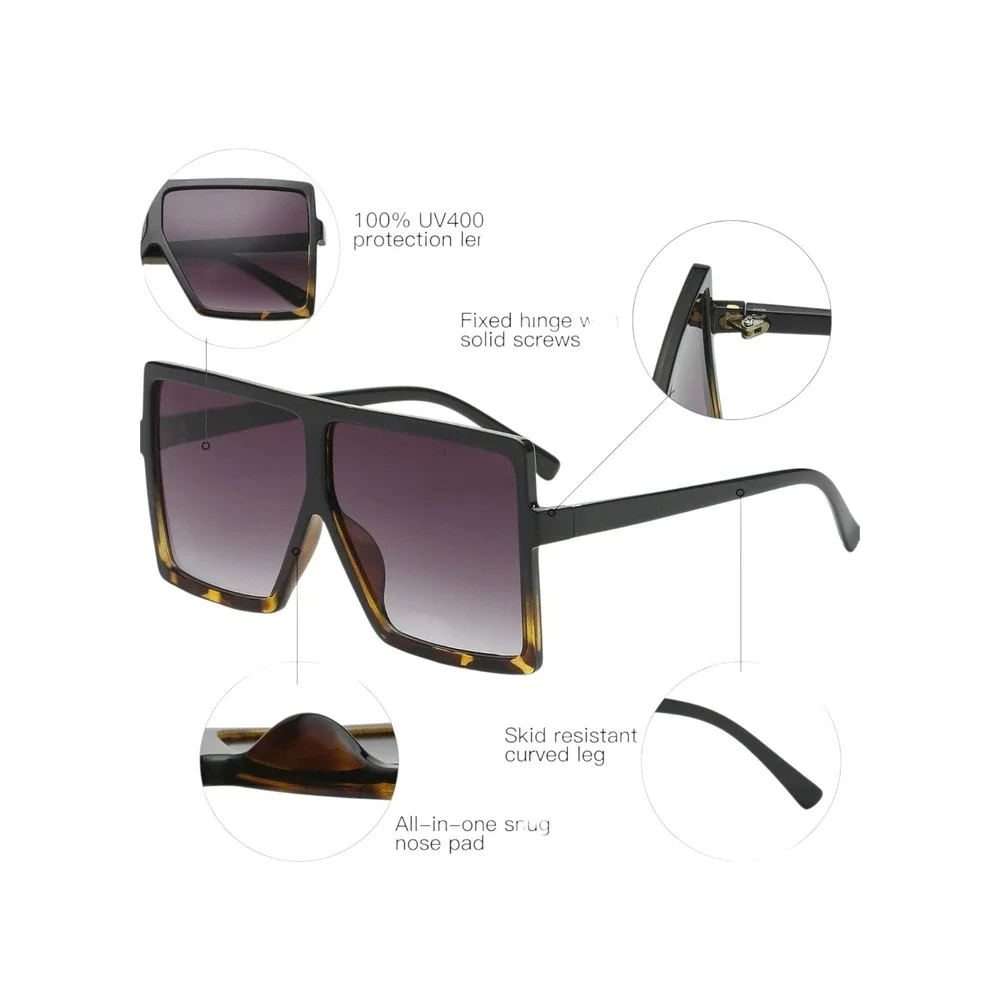 Oversized Square Sunglasses Women OS Black‎ Tortoise New Flat Top UV400
